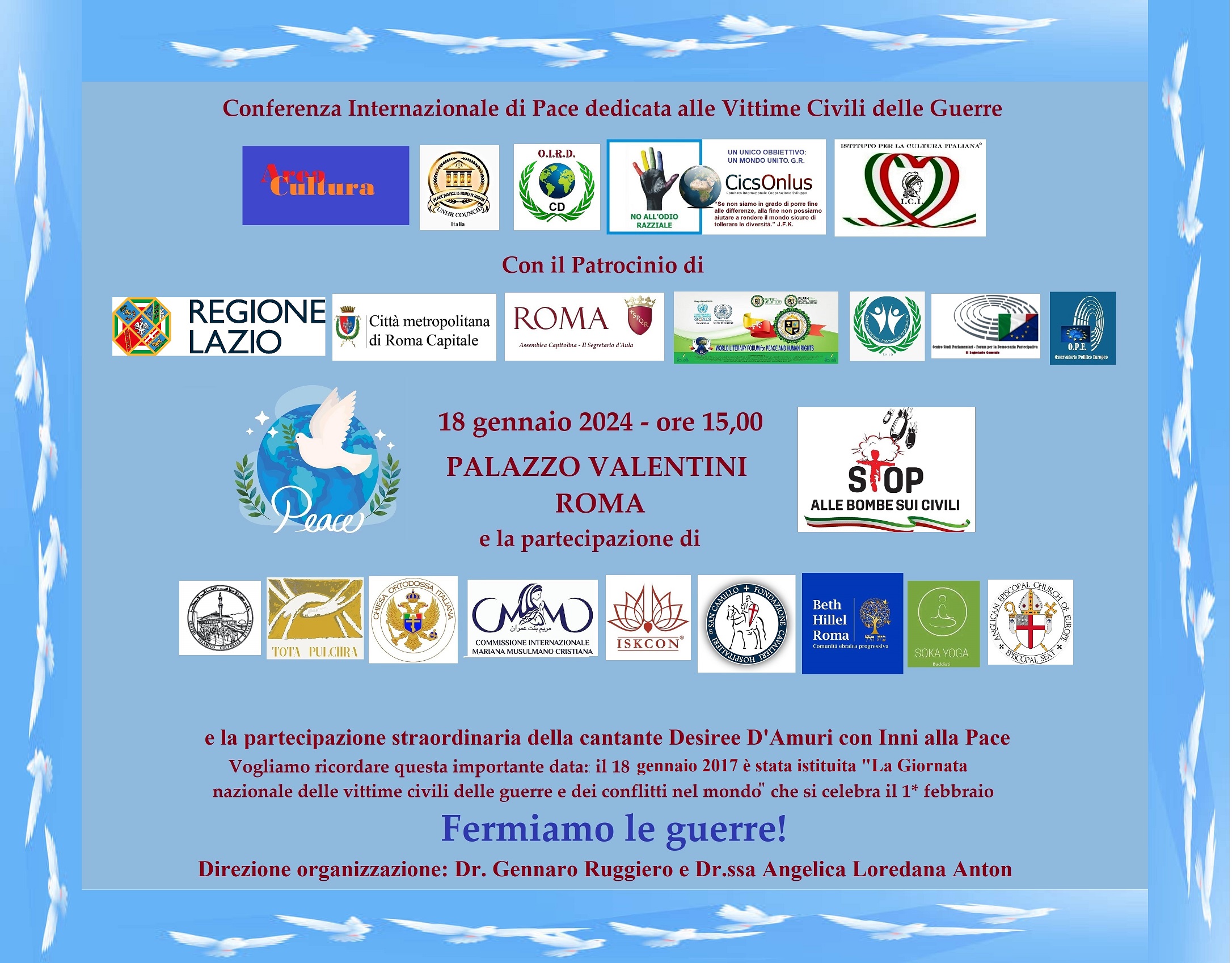 Conferenza Internazionale di Pace dedicata alle Vittime Civili delle Guerre, il 18 gennaio a Palazzo Valentini - Roma